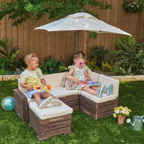 Outdoor Sectional Ottoman & Umbrella Set- Bear Brown & Beige By Kidkraft - Image 2